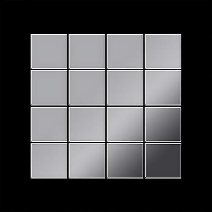 ALLOY Mosaikfliese Mosaik Fliese massiv Edelstahl gebürstet 1,6mm stark Cinquanta-S-S-B - 306 x 306 mm, Grau, Silber, Sonstiges - Ein Raster aus 16 quadratischen grauen Fliesen mit einem subtilen Farbverlauf von hellen zu dunklen Tönen.