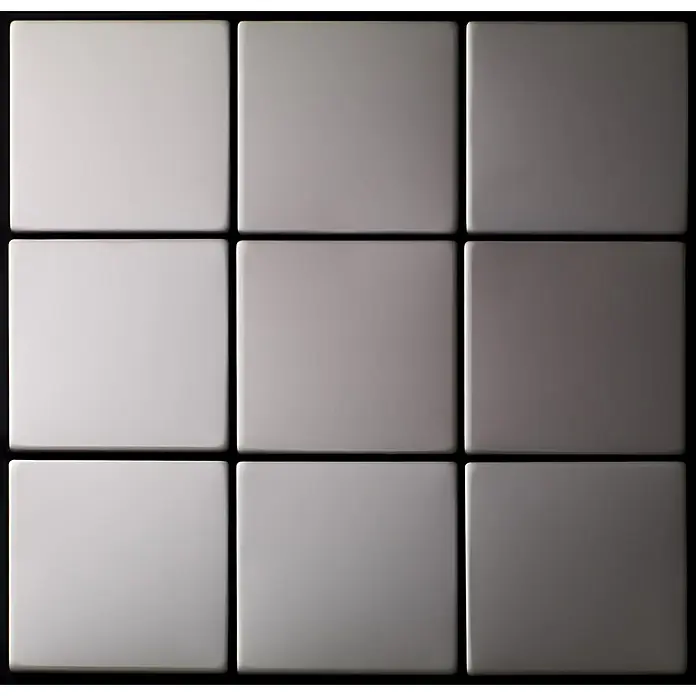 ALLOY Mosaikfliese Mosaik Fliese massiv Metall Edelstahl matt grau 1,6mm stark Attica-S-S-MA - 295 x 295 mm, Grau, Silber, Matt - Ein Raster aus neun matten quadratischen Fliesen, die einen Farbverlauf von hell- zu dunkelgrauen Tönen zeigen.