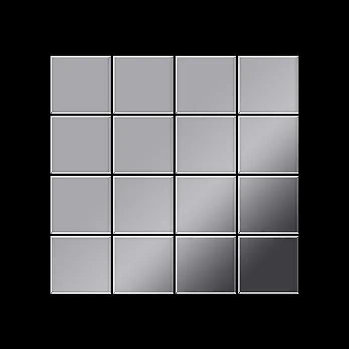 ALLOY Mosaikfliese Mosaik Fliese massiv Edelstahl marine hochglanz grau Cinquanta-S-S-MM - 306 x 306 mm, Grau, Silber, Blau, Hochglänzend - Glänzendes silbernes 4x4-Quadratgitter. Ein subtiler Verlauf wird unten rechts dunkler.