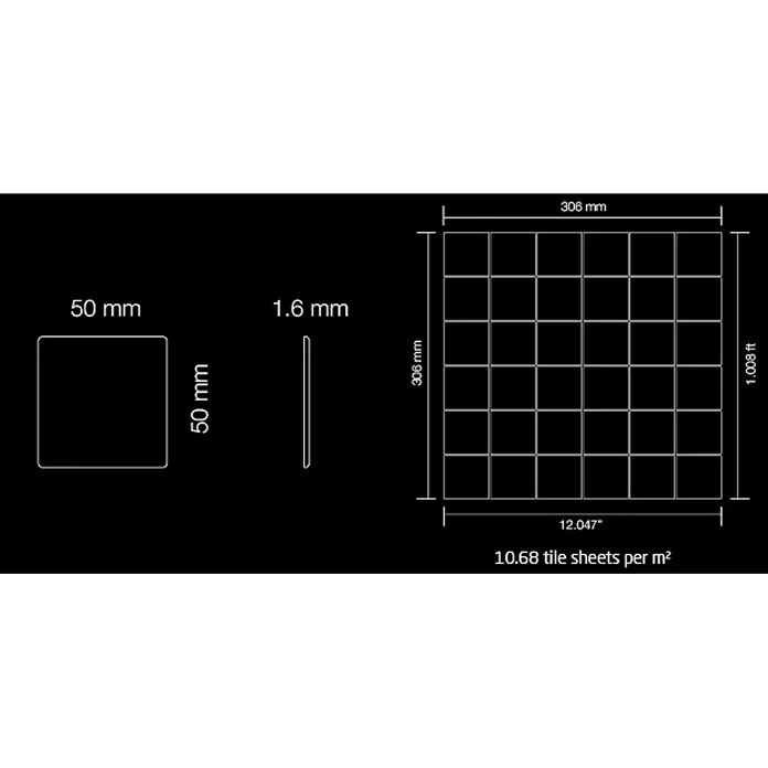 ALLOY Mosaikfliese Mosaik Fliese massiv Titan hochglanz dunkelgrau 1,6mm Cinquanta-Ti-SM - 306 x 306 mm, Schwarz, Grau, Hochglänzend - Abmessungen und Deckungsinformationen für quadratische Mosaikfliesen: Einzelne Fliese 50x50x1.6mm, Blatt 306x306mm, 10.68 Blätter/m².