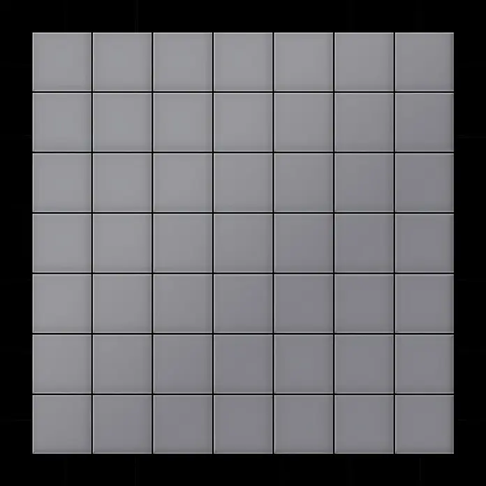 ALLOY Mosaikfliese Mosaik Fliese massiv Metall Edelstahl matt grau 1,6mm stark Attica-S-S-MA - 295 x 295 mm, Grau, Silber, Matt - Ein 7x7-Raster aus einheitlichen hellgrauen quadratischen Fliesen mit dunklen Umrissen, das eine moderne, modulare Oberfläche bildet.