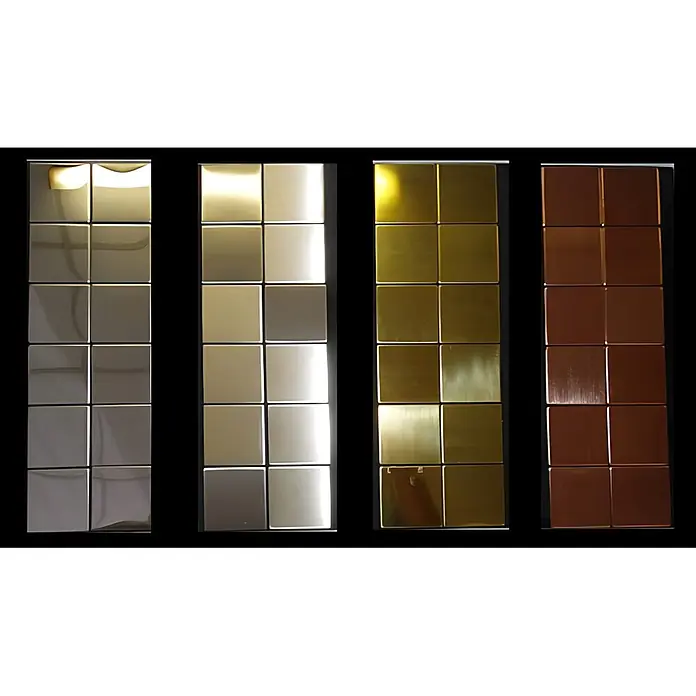 ALLOY Mosaikfliese Mosaik Fliese massiv Edelstahl hochglänzend grau 1,6mm stark Attica-S-S-M - 295 x 295 mm, Grau, Silber, Hochglänzend - Sortiment metallischer quadratischer Fliesen in Silber, Hellgold, Gold und Kupfer, teils mit texturierten Oberflächen.