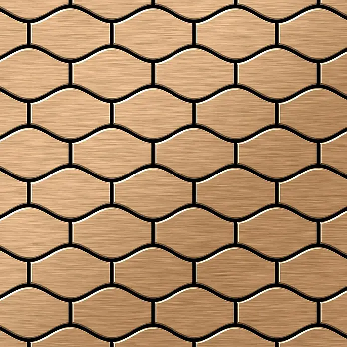 ALLOY Mosaikfliese Mosaik Fliese massiv Metall Titan gebürstet kupfer 1,6mm stark Karma-Ti-AB - 329 x 301 mm, Bronze, Sonstiges - Nahtloses, gebürstetes Bronzemetallmuster aus ineinandergreifenden wellenförmigen Fliesen mit schwarzen Umrissen.