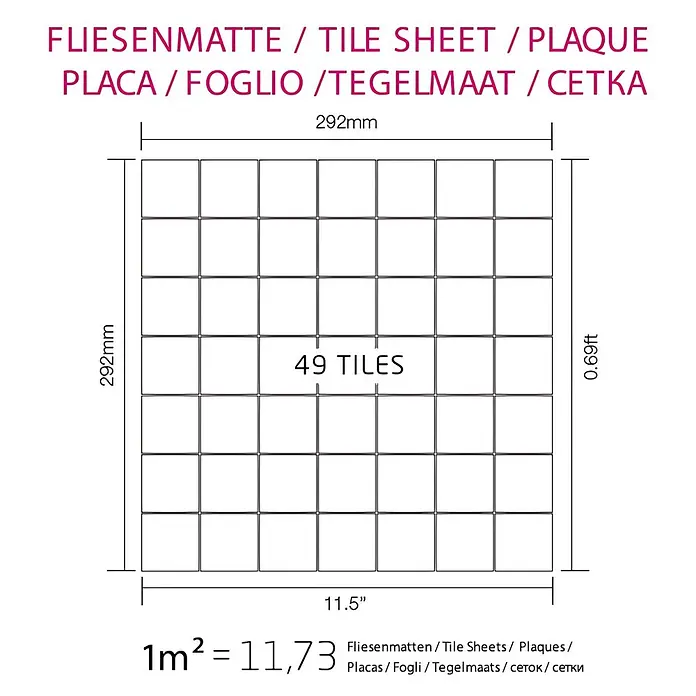 ALLOY Mosaikfliese Mosaik Fliese massiv Metall Edelstahl matt grau 1,6mm stark Attica-S-S-MA - 295 x 295 mm, Grau, Silber, Matt - Diagramm einer quadratischen Fliesenmatte (292x292mm, 49 Fliesen) mit Umrechnung 1m² = 11,73 Matten.