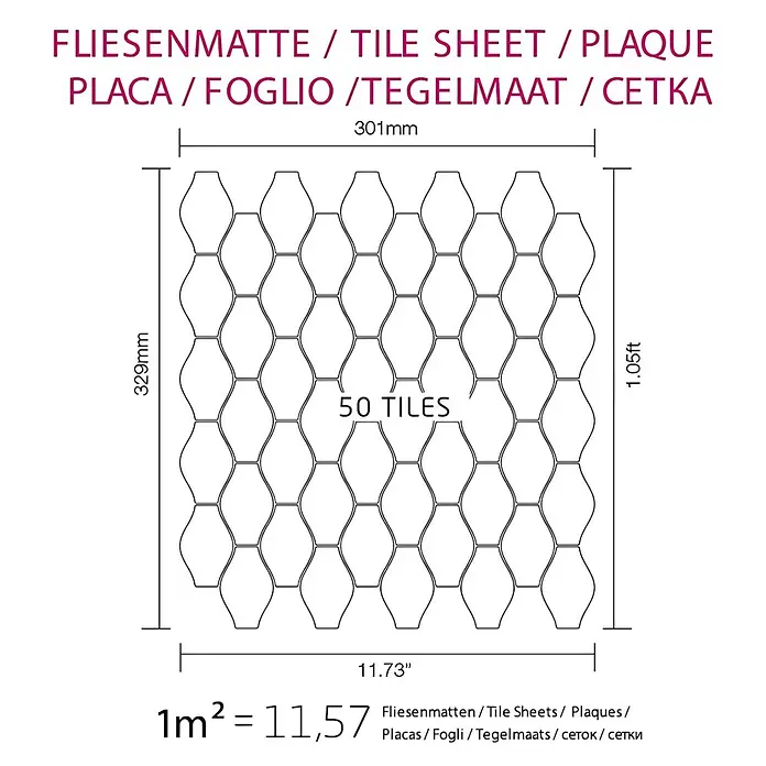 ALLOY Mosaikfliese Mosaik Fliese massiv Edelstahl marine hochglanz grau 1,6mm Karma-S-S-MM - 329 x 301 mm, Grau, Silber, Blau, Hochglänzend - Technische Zeichnung einer Fliesenmatte mit 50 weißen wellenförmigen Fliesen und Maßen.