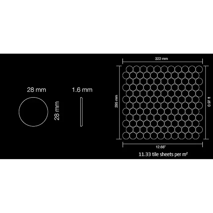 ALLOY Mosaikfliese Mosaik Fliese massiv Metall Messing gewalzt gold 1,6mm stark Dollar-BM - 295 x 322 mm, Gold, Sonstiges - Technische Zeichnung eines Mosaikfliesenbogens mit 28mm runden Fliesen, 1.6mm dick. Bogen misst 322x295mm, deckt 11.33 Bogen/m² ab.