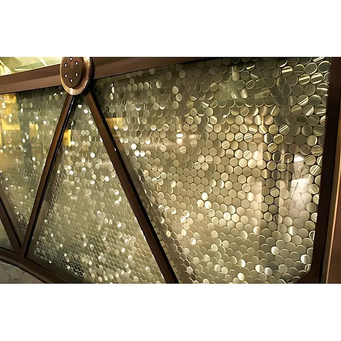 ALLOY Mosaikfliese Mosaik Fliese massiv Edelstahl marine gebürstet grau 1,6mm Penny-S-S-MB - 302 x 316 mm, Grau, Silber, Blau, Sonstiges - Dekoratives Paneel mit schimmernden Metallkreisen hinter Glas, in dunklem, eckigem Metallrahmen, als Ziersichtschutz.