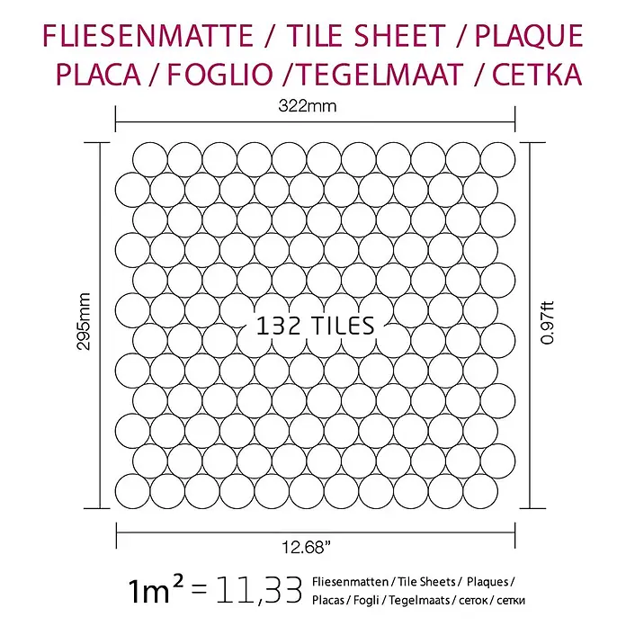 ALLOY Mosaikfliese Mosaik Fliese massiv Metall Messing gewalzt gold 1,6mm stark Dollar-BM - 295 x 322 mm, Gold, Sonstiges - Fliesenmatte mit 132 runden Mosaikfliesen, 322x295mm.