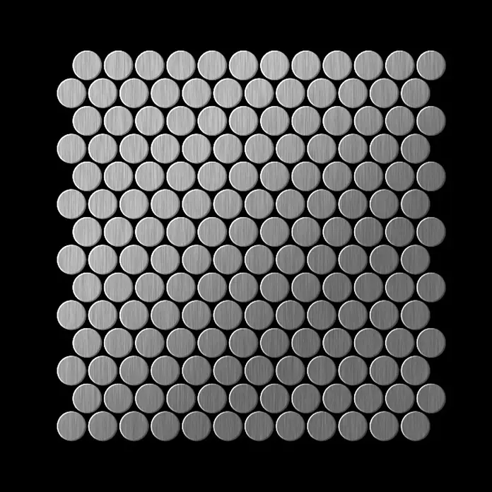 ALLOY Mosaikfliese Mosaik Fliese massiv Edelstahl marine gebürstet grau 1,6mm Penny-S-S-MB - 302 x 316 mm, Grau, Silber, Blau, Sonstiges - Gebürstete Metall-Penny-Round-Mosaikfliesen in silbergrauem Finish, in einem ineinandergreifenden Muster angeordnet.