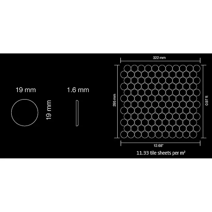 ALLOY Mosaikfliese Mosaik Fliese massiv Metall Edelstahl hochglanz grau 1,6mm Penny-S-S-M - 302 x 316 mm, Grau, Silber, Hochglänzend - Technische Daten Penny Round Fliesen: 19mm Ø, 1.6mm Dicke, 322x295mm Platte, 11.33 Platten/m².