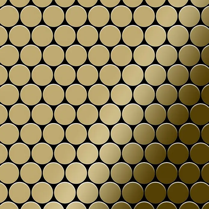 ALLOY Mosaikfliese Mosaik Fliese massiv Titan hochglänzend gold 1,6mm stark Dollar-Ti-GM - 295 x 322 mm, Gold, Hochglänzend - Goldene runde Penny-Fliesen auf schwarzem Hintergrund mit Farbverlauf.