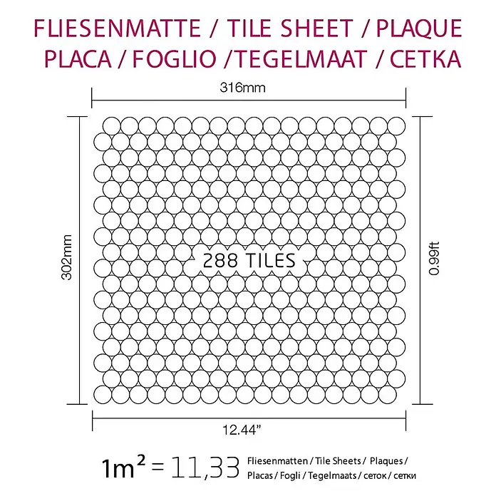 ALLOY Mosaikfliese Mosaik Fliese massiv Metall Edelstahl hochglanz grau 1,6mm Penny-S-S-M - 302 x 316 mm, Grau, Silber, Hochglänzend - Mosaikfliesenmatte mit 288 kleinen runden Fliesen, 316x302mm, für Boden- oder Wandbelag.