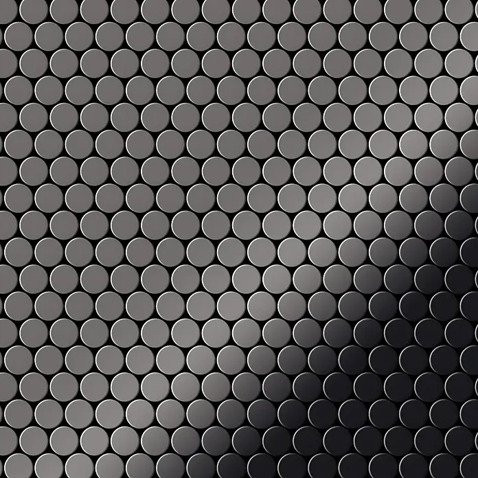 ALLOY Mosaikfliese Mosaik Fliese massiv Metall Titan hochglanz dunkelgrau 1,6mm Penny-Ti-SM - 302 x 316 mm, Schwarz, Grau, Hochglänzend - Metallisch graues, kreisförmiges Fliesenmuster mit Helligkeitsverlauf.