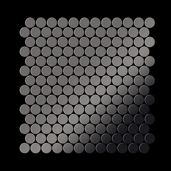 ALLOY Mosaikfliese Mosaik Fliese massiv Metall Titan hochglanz dunkelgrau 1,6mm Penny-Ti-SM - 302 x 316 mm, Schwarz, Grau, Hochglänzend - Graue Penny-Round-Mosaikfliesen mit Farbverlauf von hell- zu dunkelgrau.