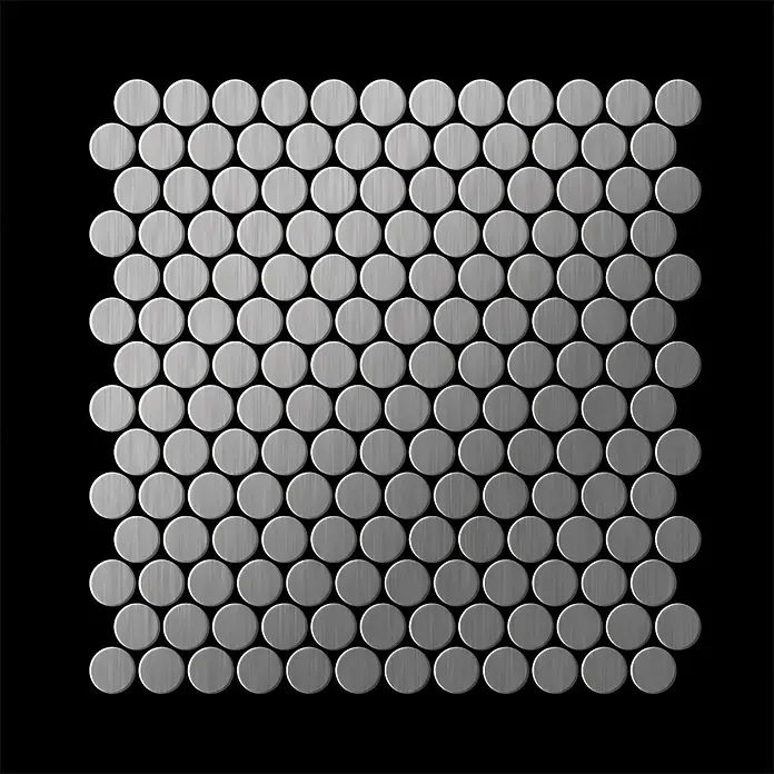 ALLOY Mosaikfliese Mosaik Fliese massiv Edelstahl marine gebürstet grau 1,6mm Penny-S-S-MB - 302 x 316 mm, Grau, Silber, Blau, Sonstiges - Blatt aus runden Mosaikfliesen aus gebürstetem Silbermetall.