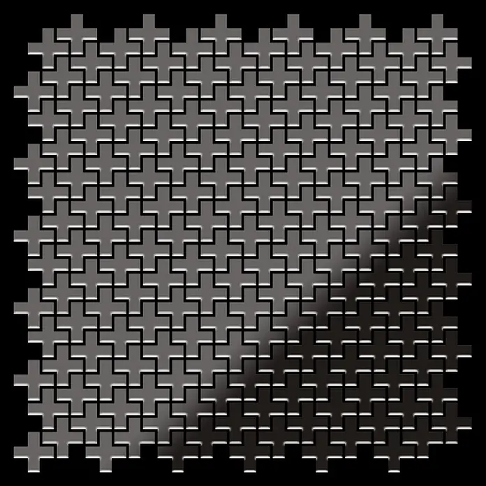 ALLOY Mosaikfliese Mosaik Fliese massiv Titan hochglanz dunkelgrau 1,6mm Swiss Cross-Ti-SM - 322 x 322 mm, Schwarz, Grau, Hochglänzend - Muster aus ineinandergreifenden grauen Pluszeichen mit Hell-Dunkel-Verlauf und metallischer Textur.