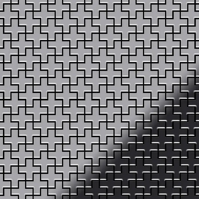 ALLOY Mosaikfliese Mosaik Fliese massiv Edelstahl hochglanz grau 1,6mm Swiss Cross-S-S-M - 322 x 322 mm, Grau, Silber, Hochglänzend - Metallische Textur mit geprägtem Kreuzmuster, das von hell- zu dunkelgrau verläuft.