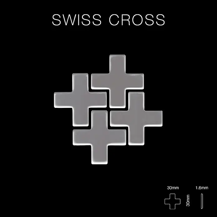 ALLOY Mosaikfliese Mosaik Fliese massiv Edelstahl hochglanz grau 1,6mm Swiss Cross-S-S-M - 322 x 322 mm, Grau, Silber, Hochglänzend - Vier hellgraue glänzende Schweizer Kreuz-Elemente in Gitteranordnung, mit Maßen von 30mm und 1,6mm Dicke.