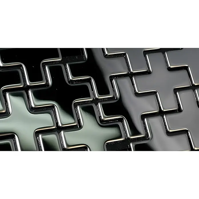 ALLOY Mosaikfliese Mosaik Fliese massiv Edelstahl hochglanz grau 1,6mm Swiss Cross-S-S-M - 322 x 322 mm, Grau, Silber, Hochglänzend - Glänzendes, reflektierendes dunkelgraues und schwarzes ineinandergreifendes geometrisches Muster.