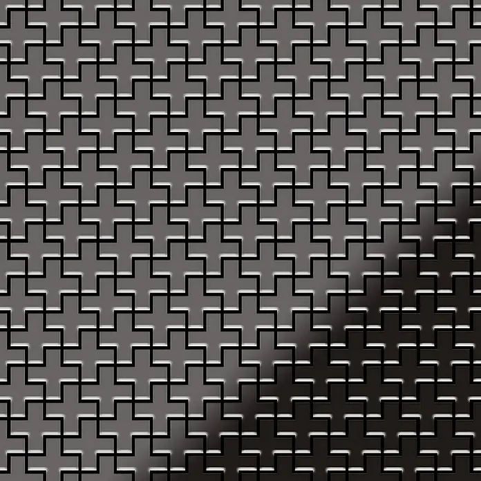 ALLOY Mosaikfliese Mosaik Fliese massiv Titan hochglanz dunkelgrau 1,6mm Swiss Cross-Ti-SM - 322 x 322 mm, Schwarz, Grau, Hochglänzend - Glänzendes dunkelgraues Metallgittermuster mit ineinandergreifenden Kreuzformen.