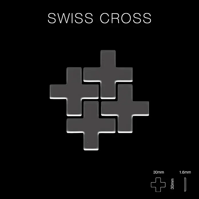 ALLOY Mosaikfliese Mosaik Fliese massiv Titan hochglanz dunkelgrau 1,6mm Swiss Cross-Ti-SM - 322 x 322 mm, Schwarz, Grau, Hochglänzend - Vier dunkelgraue Schweizer Kreuz-förmige Fliesen, 30x30mm und 1,6mm dick, mit einem dezenten Glanz.