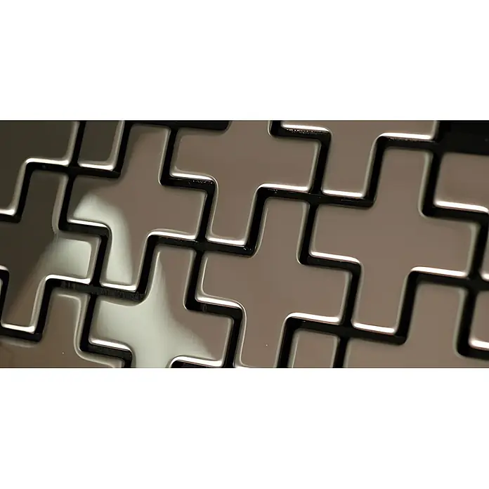 ALLOY Mosaikfliese Mosaik Fliese massiv Edelstahl marine hochglanz grau Swiss Cross-S-S-MM - 322 x 322 mm, Grau, Silber, Blau, Hochglänzend - Glänzendes, helles, ineinandergreifendes geometrisches Muster mit dunklen vertieften Linien.