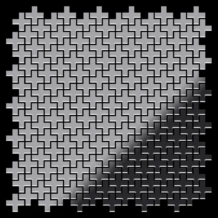 ALLOY Mosaikfliese Mosaik Fliese massiv Edelstahl hochglanz grau 1,6mm Swiss Cross-S-S-M - 322 x 322 mm, Grau, Silber, Hochglänzend - Graue Tessellation geprägter Plus-förmiger Fliesen mit metallischem Farbverlauf von hell nach dunkel.