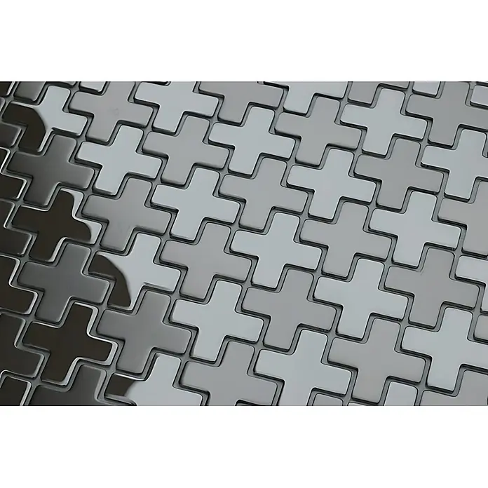 ALLOY Mosaikfliese Mosaik Fliese massiv Edelstahl hochglanz grau 1,6mm Swiss Cross-S-S-M - 322 x 322 mm, Grau, Silber, Hochglänzend - Ineinandergreifende, metallische Kreuzfliesen in Grautönen, die ein strukturiertes Muster bilden.