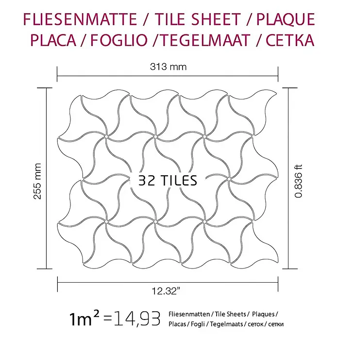 ALLOY Mosaikfliese Mosaik Fliese massiv Edelstahl hochglänzend grau 1,6mm stark Ninja-S-S-M - 313 x 255 mm, Grau, Silber, Hochglänzend - Fliesendiagramm mit 32 geschwungenen, ineinandergreifenden Fliesen in einem sich wiederholenden geometrischen Muster, mit Maßen.