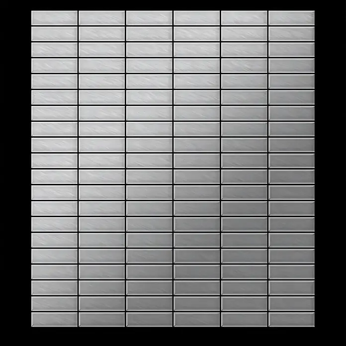 ALLOY Mosaikfliese Mosaik Fliese massiv Edelstahl gebürstet grau 1,6mm stark Cabin-S-S-B - 316 x 329 mm, Grau, Silber, Sonstiges - Hellgraue, rechteckige Wandfliesen aus gebürstetem Metall, im Raster angeordnet.