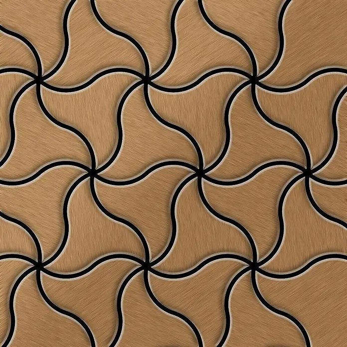 ALLOY Mosaikfliese Mosaik Fliese massiv Metall Titan gebürstet kupfer 1,6mm stark Ninja-Ti-AB - 313 x 255 mm, Bronze, Sonstiges - Nahtloses hellbraunes Holzmuster mit ineinandergreifenden Wellenfliesen und schwarzen Konturen, 3D-Effekt.