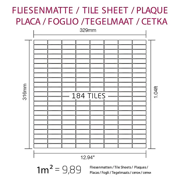 ALLOY Mosaikfliese Mosaik Fliese massiv Titan hochglänzend grau 1,6mm stark Cabin-Ti-GM - 316 x 329 mm, Grau, Hochglänzend - Fliesenmatte mit 184 kleinen rechteckigen Fliesen, Maße 329x316mm.