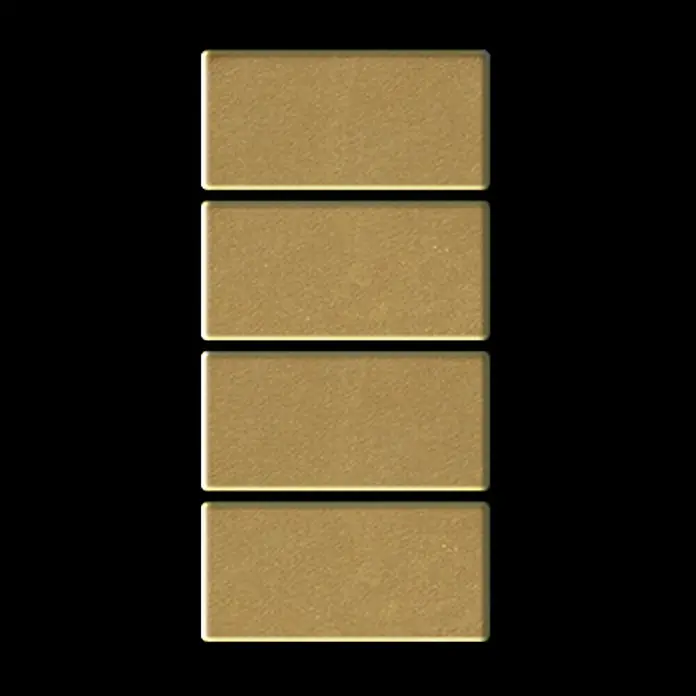 ALLOY Mosaikfliese Mosaik Fliese massiv Metall Messing gewalzt gold 1,6mm stark Bauhaus-BM - 318 x 329 mm, Gold, Sonstiges - Vier goldene, gebürstete Metallrechtecksegmente vertikal auf schwarzem Hintergrund gestapelt.