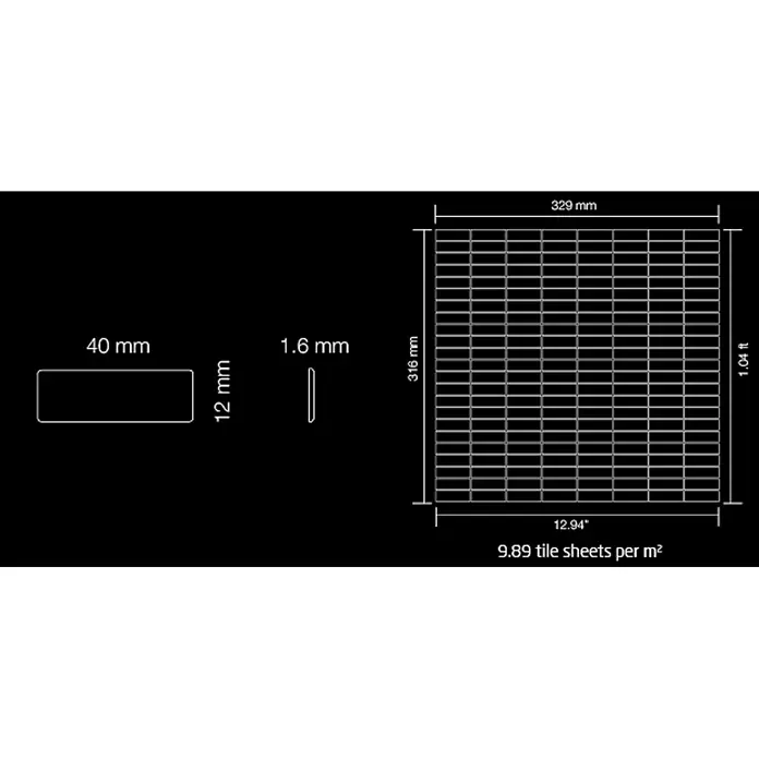 ALLOY Mosaikfliese Mosaik Fliese massiv Titan hochglänzend grau 1,6mm stark Cabin-Ti-GM - 316 x 329 mm, Grau, Hochglänzend - Technische Zeichnung mit Maßen einer 40x12x1,6mm Mosaikfliese und einer 329x316mm Fliesenmatte, Dichte 9,89 Matten pro m².