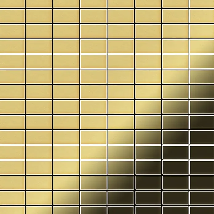 ALLOY Mosaikfliese Mosaik Fliese massiv Metall Messing gewalzt gold 1,6mm stark Bauhaus-BM - 318 x 329 mm, Gold, Sonstiges - Raster aus rechteckigen Fliesen mit metallischem Gold-Dunkelbraun-Verlaufseffekt.