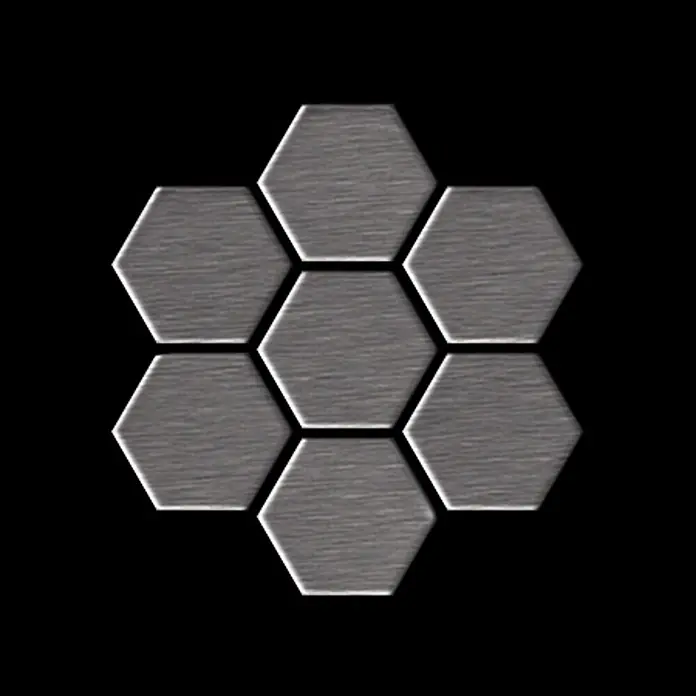 ALLOY Mosaikfliese Mosaik Fliese massiv Edelstahl marine gebürstet grau 1,6mm Honey-S-S-MB - 329 x 332 mm, Grau, Silber, Blau, Sonstiges - Sieben metallische, gebürstete graue Sechsecke in Wabenmuster auf schwarzem Hintergrund.