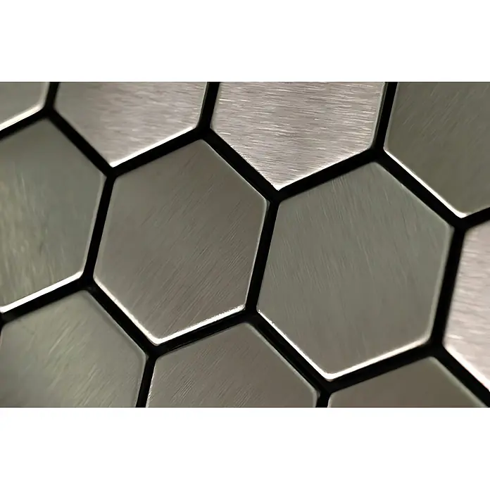 ALLOY Mosaikfliese Mosaik Fliese massiv Edelstahl marine gebürstet grau 1,6mm Honey-S-S-MB - 329 x 332 mm, Grau, Silber, Blau, Sonstiges - Gebürstete Metall-Sechseckfliesen in geometrischem Muster, teils mit beleuchteten Kanten.