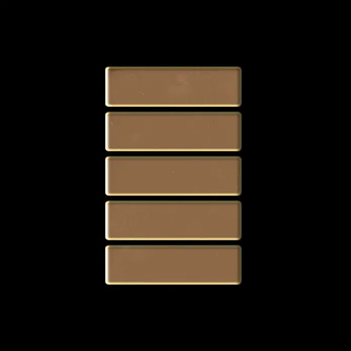 ALLOY Mosaikfliese Mosaik Fliese massiv Titan hochglänzend Kupfer 1,6mm stark Cabin-Ti-AM - 316 x 329 mm, Bronze, Hochglänzend - Fünf gestapelte goldene Rechteckbalken, die eine volle Ladung oder maximalen Pegel anzeigen.