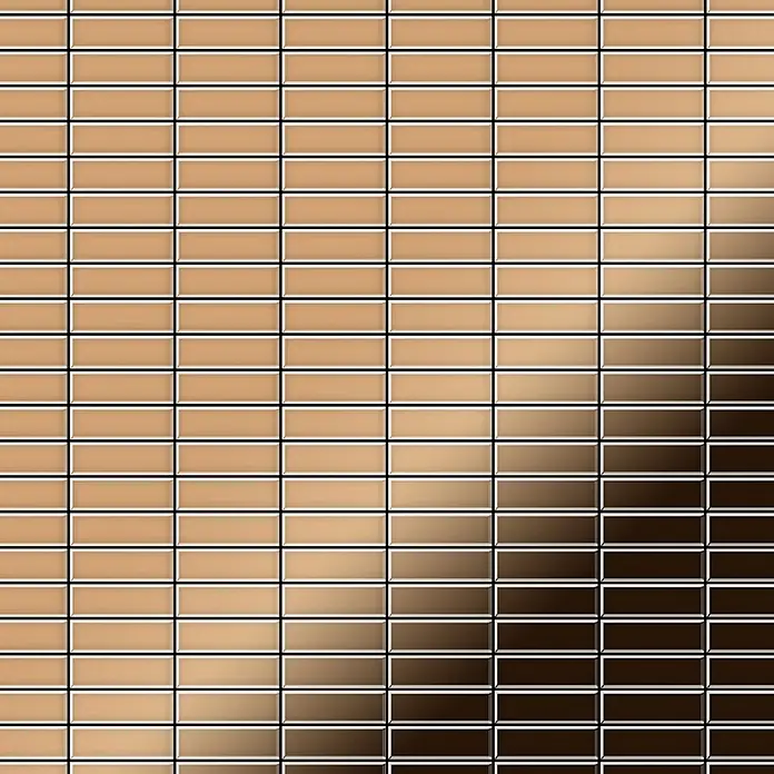 ALLOY Mosaikfliese Mosaik Fliese massiv Titan hochglänzend Kupfer 1,6mm stark Cabin-Ti-AM - 316 x 329 mm, Bronze, Hochglänzend - Glänzende rechteckige Fliesen bilden einen diagonalen Farbverlauf von Hellbeige zu Dunkelbraun.