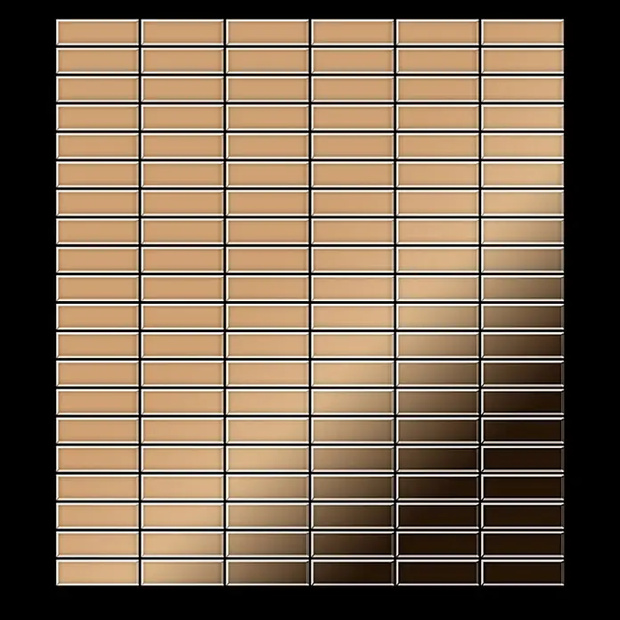 ALLOY Mosaikfliese Mosaik Fliese massiv Titan hochglänzend Kupfer 1,6mm stark Cabin-Ti-AM - 316 x 329 mm, Bronze, Hochglänzend - Gitter aus rechteckigen, abgeschrägten Fliesen mit diagonalem Farbverlauf von hellem Beige zu Dunkelbraun.