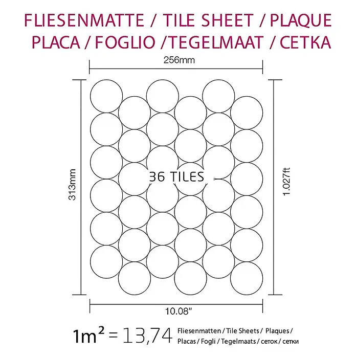 ALLOY Mosaikfliese Mosaik Fliese massiv Metall Rohstahl gewalzt grau 1,6mm stark Dome-RS - 313 x 256 mm, Grau, Sonstiges - Technische Zeichnung einer Fliesenmatte mit 36 runden Fliesen, 256x313mm, Angabe 13,74 Matten pro Quadratmeter.