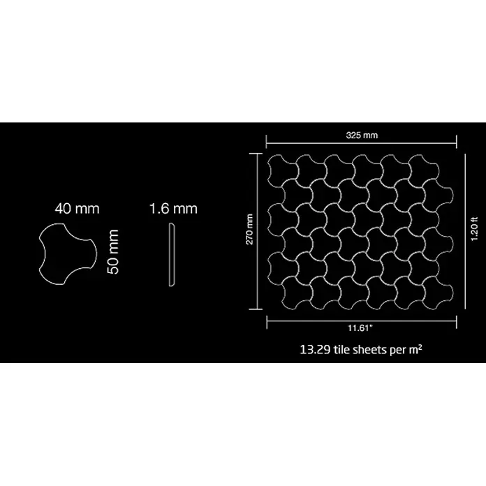 ALLOY Mosaikfliese Mosaik Fliese massiv Edelstahl gebürstet grau 1,6mm stark Ubiquity-S-S-B - 270 x 325 mm, Grau, Silber, Sonstiges - Mosaikfliesenmatte mit ineinandergreifenden Kleeblattfliesen und Maßen.