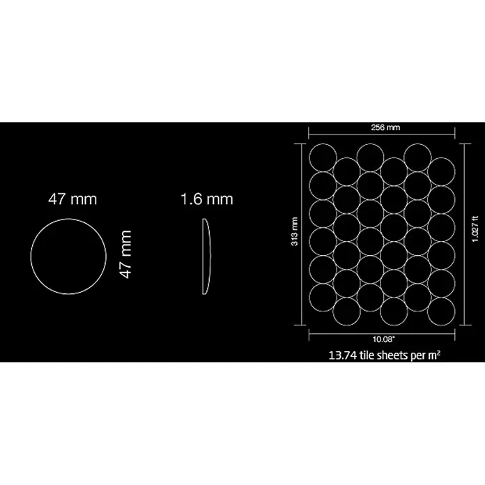 ALLOY Mosaikfliese Mosaik Fliese massiv Metall Rohstahl gewalzt grau 1,6mm stark Dome-RS - 313 x 256 mm, Grau, Sonstiges - Diagramm runder Mosaikfliesen, 47mm Durchmesser, 1,6mm dick, auf einem Blatt von 256x313mm, 13,74 Blätter pro m².