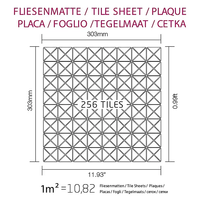 ALLOY Mosaikfliese Mosaik Fliese massiv Edelstahl hochglänzend grau 1,6mm stark Deco-S-S-M - 303 x 303 mm, Grau, Silber, Hochglänzend - Quadratische Fliesenmatte (303x303mm) mit 256 kleinen, diagonal gemusterten Fliesen, inklusive metrischer und imperialer Maße.