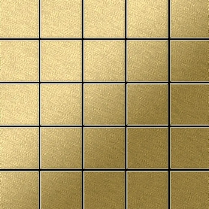 ALLOY Mosaikfliese Mosaik Fliese massiv Metall Titan gebürstet gold 1,6mm stark Century-Ti-GB - 98 x 98 mm, Gold, Sonstiges - Goldene, gebürstete Metallfliesen mit dunklen Fugen.