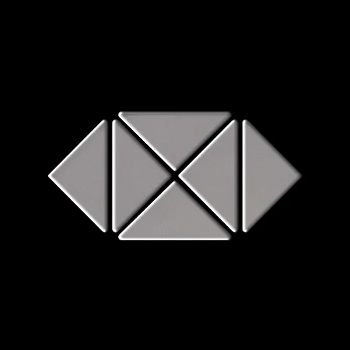 ALLOY Mosaikfliese Mosaik Fliese massiv Metall Edelstahl matt grau 1,6mm stark Deco-S-S-MA - 303 x 303 mm, Grau, Silber, Matt - HSBC Logo: Helles graues geometrisches Design aus ineinandergreifenden Dreiecken, die eine zentrale Raute und seitliche Pfeilformen bilden.