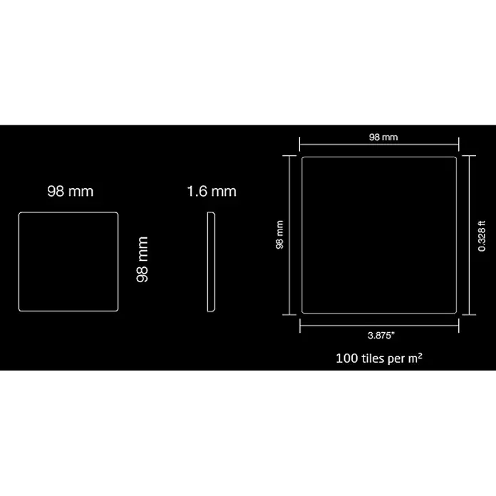 ALLOY Mosaikfliese Mosaik Fliese massiv Metall Edelstahl matt grau 1,6mm stark Century-S-S-MA - 98 x 98 mm, Grau, Silber, Matt - Technische Zeichnung einer quadratischen Fliese, 98x98 mm und 1,6 mm dick, mit 100 Fliesen pro m².