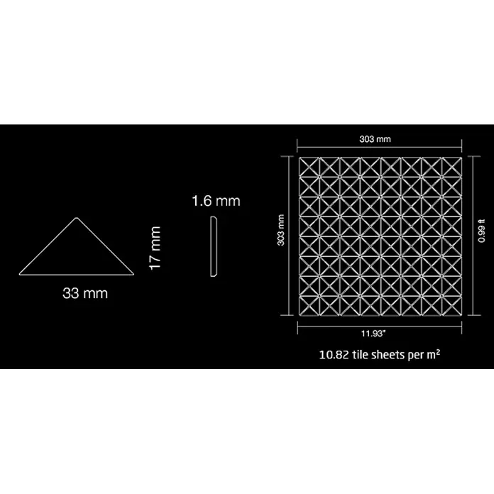 ALLOY Mosaikfliese Mosaik Fliese massiv Edelstahl hochglänzend grau 1,6mm stark Deco-S-S-M - 303 x 303 mm, Grau, Silber, Hochglänzend - Schema einer Mosaikfliesenmatte aus kleinen Dreiecksfliesen mit Einzelmaßen (33x17mm, 1,6mm dick) und der Blattgröße 303x303mm.