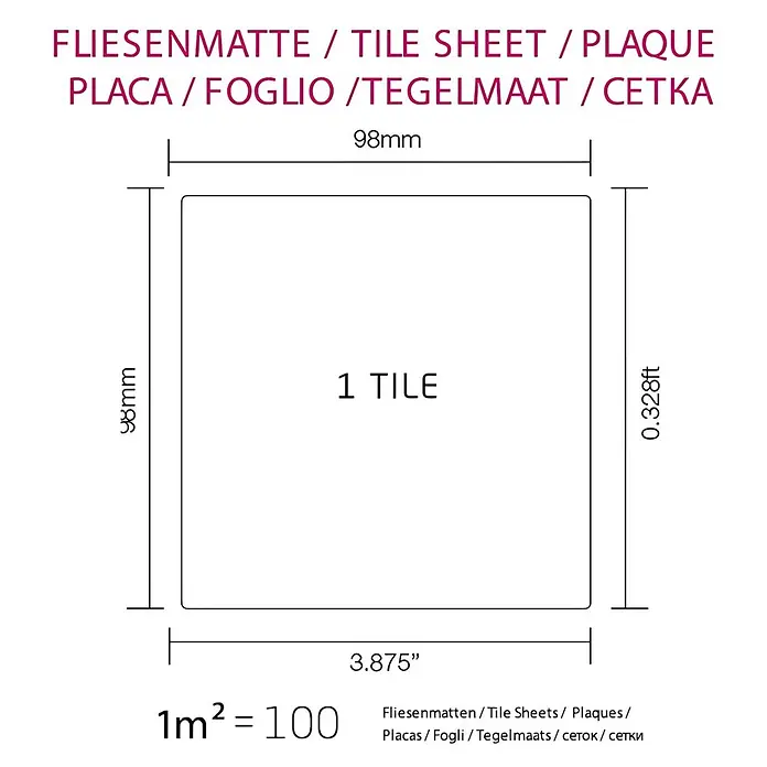 ALLOY Mosaikfliese Mosaik Fliese massiv Metall Edelstahl matt grau 1,6mm stark Century-S-S-MA - 98 x 98 mm, Grau, Silber, Matt - Diagramm einer quadratischen Fliese mit Maßen: 98x98mm (3.875" x 0.328ft). Für 1m² werden 100 Fliesen benötigt.