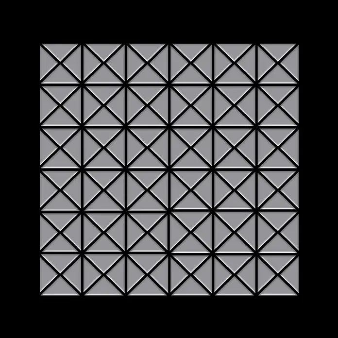 ALLOY Mosaikfliese Mosaik Fliese massiv Metall Edelstahl matt grau 1,6mm stark Deco-S-S-MA - 303 x 303 mm, Grau, Silber, Matt - Geometrisches Gitter aus grauen Quadraten, jedes durch schwarze Diagonalen geteilt, bildet ein strukturiertes Muster.